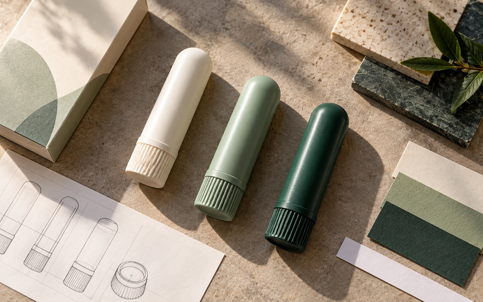 Three aroma sticks beside product sketches, color swatches and material samples