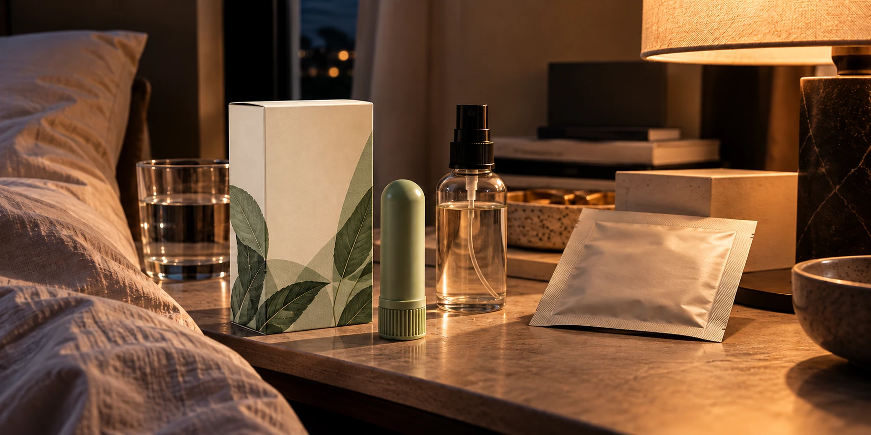 Illustrative evening bedside arrangement with an aroma stick, mist, sachet and packaging
