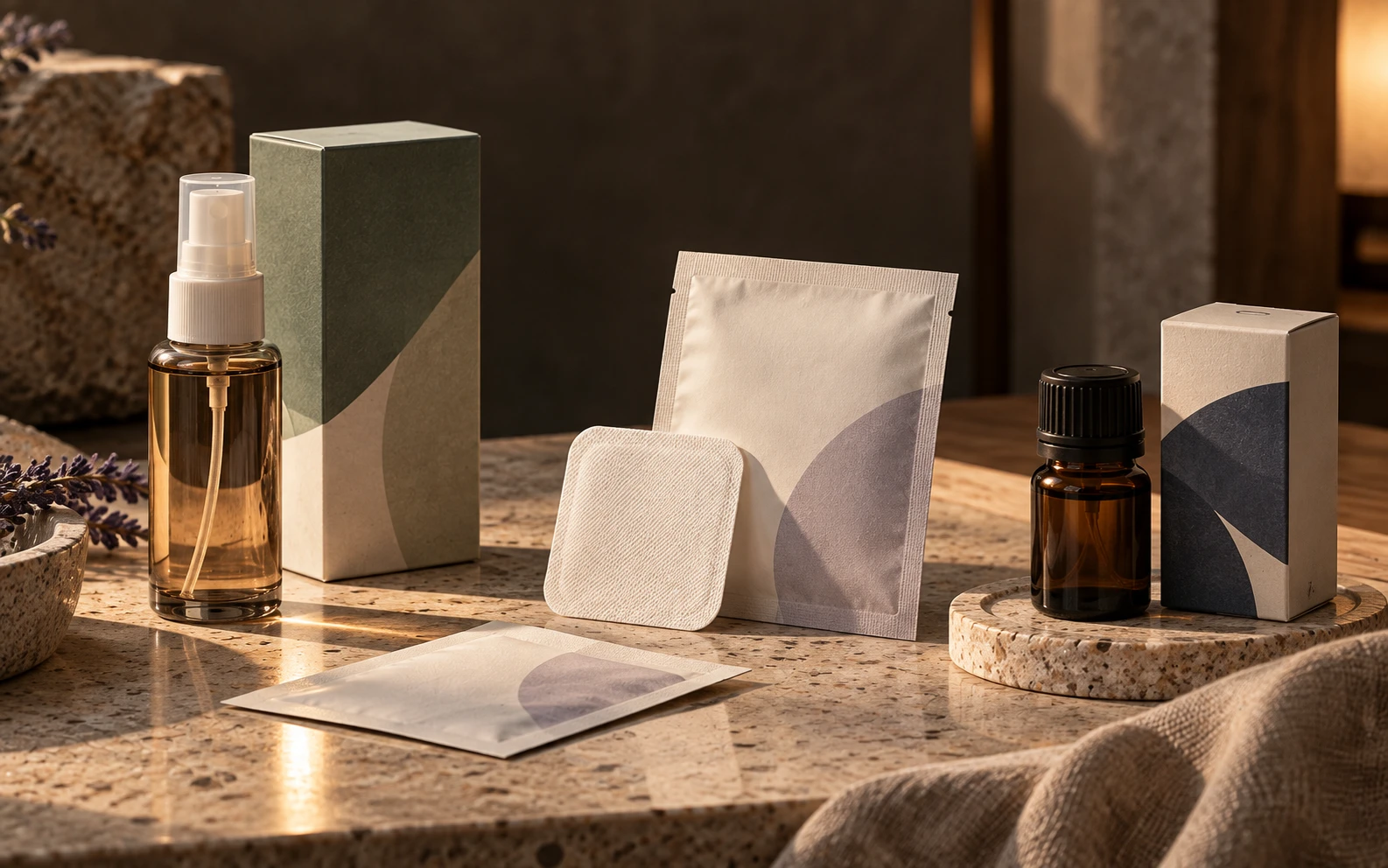 Concept arrangement of a mist bottle, textile patch and sachets, and a small bottled aroma with packaging