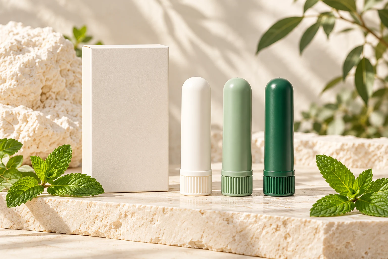 Personal Aroma presentation with three aroma sticks and botanical materials