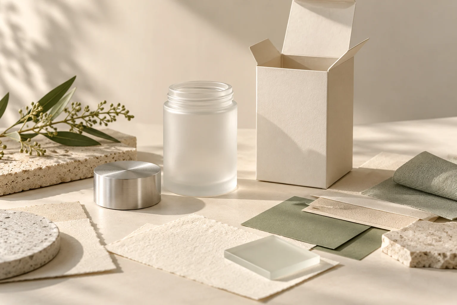 Product development still life with an unbranded glass form, open carton, metal component, paper and material swatches